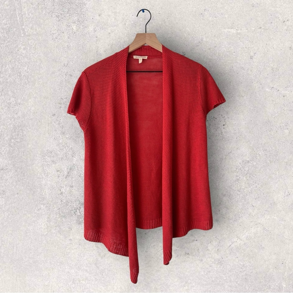 Eileen Fisher Red Orange Open Draped Front Linen Short Sleeve Cardigan Size S